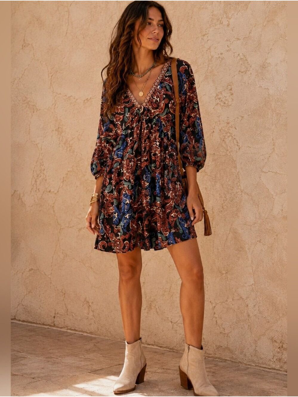 UMGEE BOHO PAISLEY V-NECK HALF SLEEVE TUNIC DRESS TIE BACK SIZE LARGE WOMENS